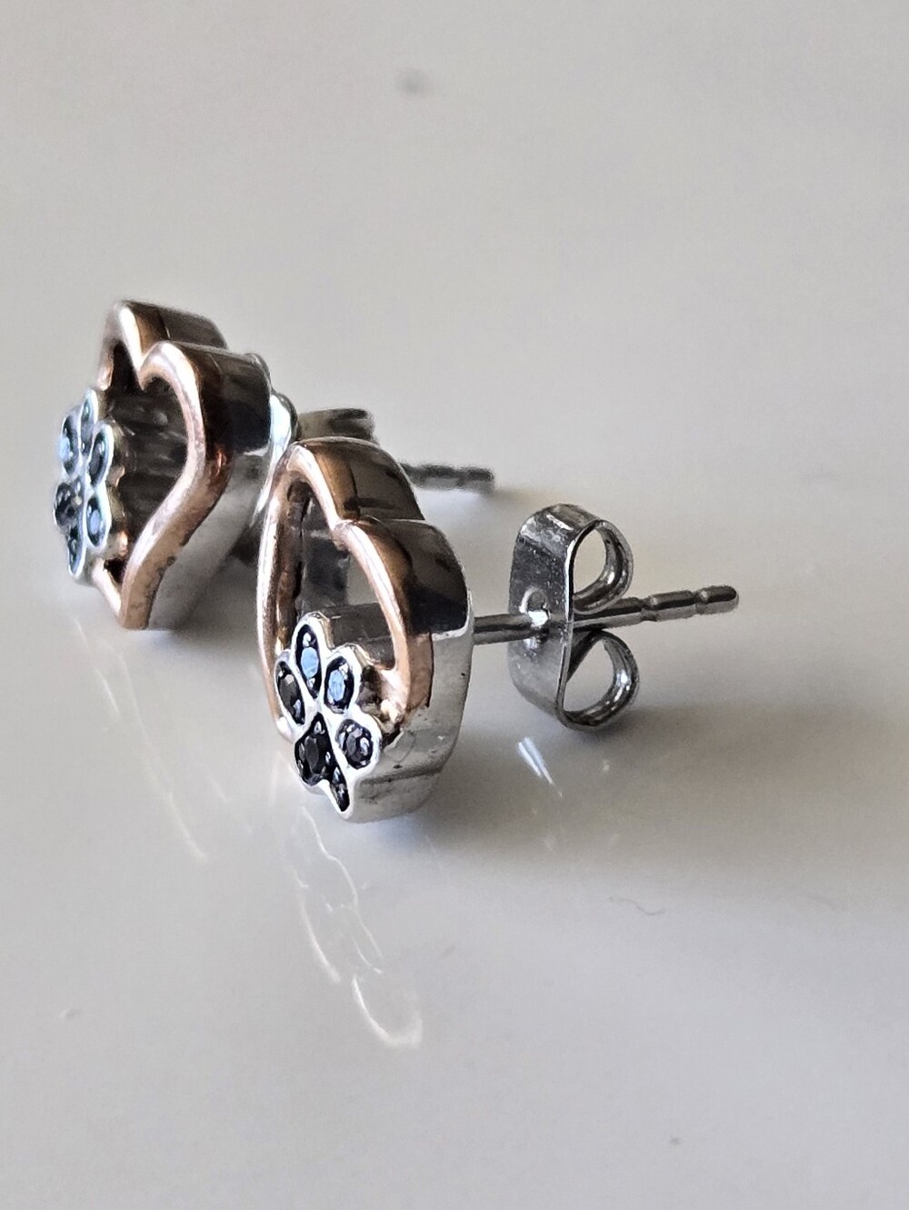 Heart & Paw Stud Earrings -10k Rose Gold and 925 Silver - Picture 4 of 12